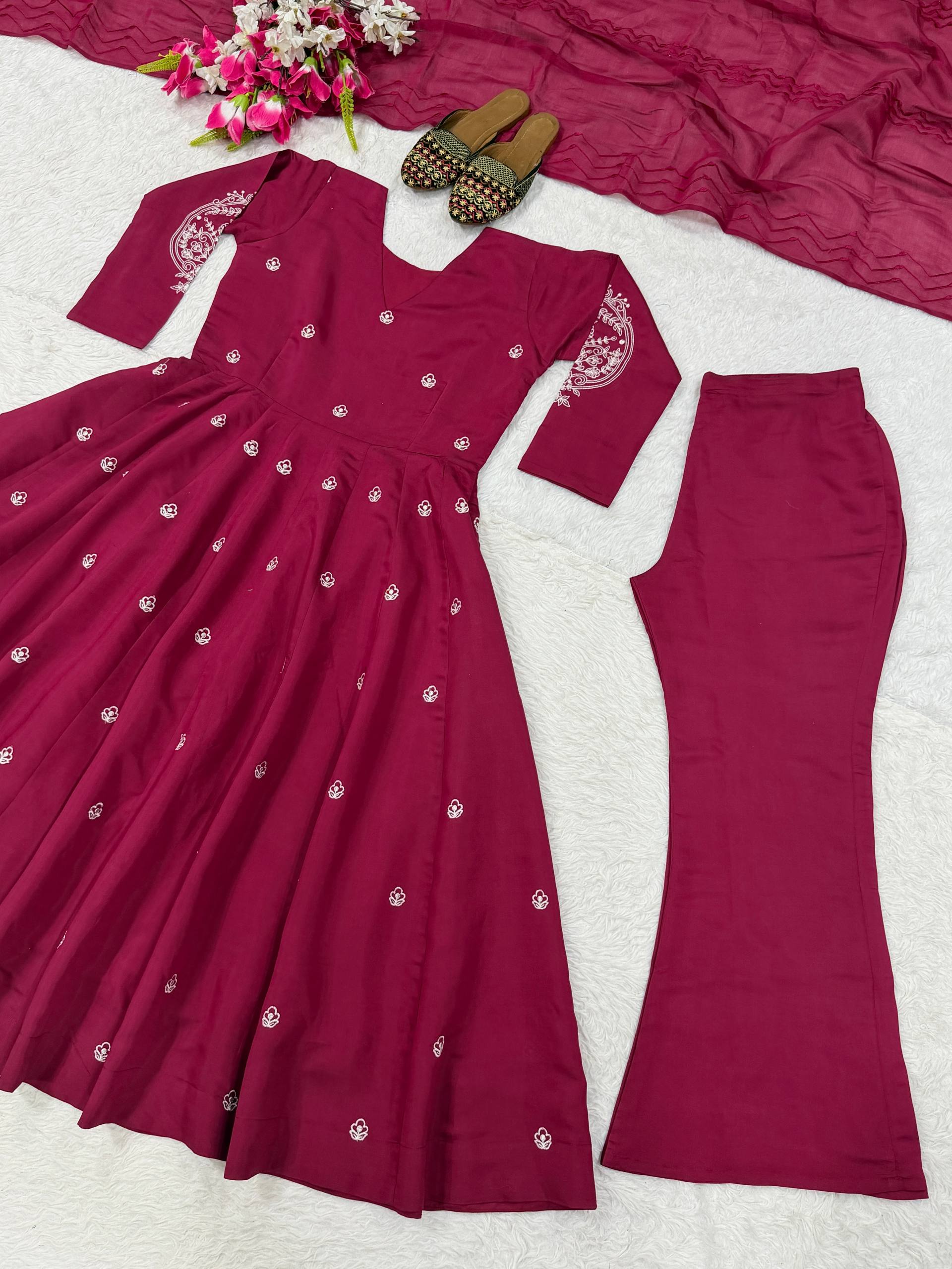 Rich Magenta Maroon Flared Anarkali Suit Set Adorned with Delicate Scattered Floral Embroidery and an Elegant V-Neckline